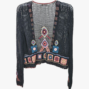 Coldwater Creek Cardigan sz L Boho Crochet Knit Open floral granny patches crop